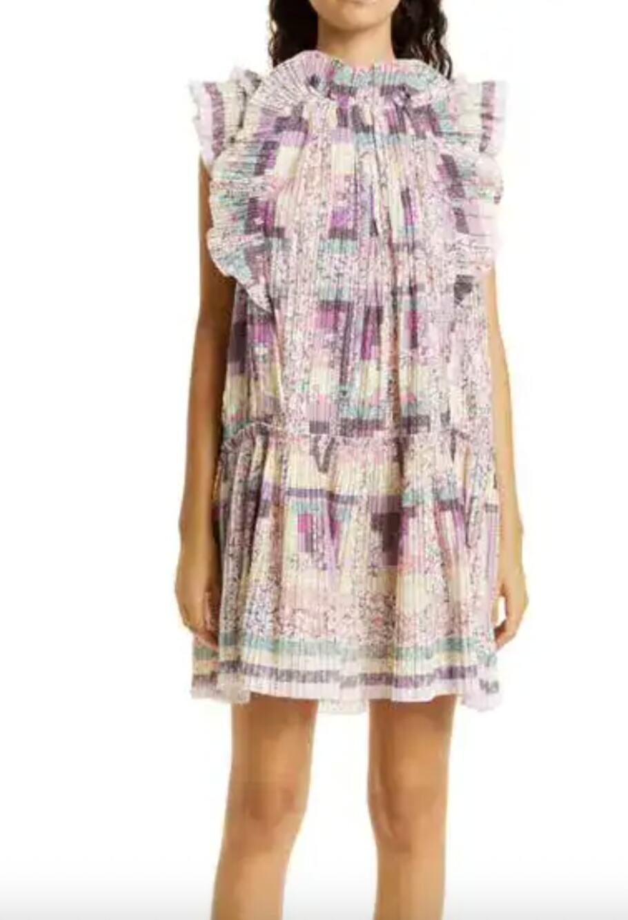 Sea New York Naya Print Pleated Ruffle Tunic Dress Purple Multi Size Large
